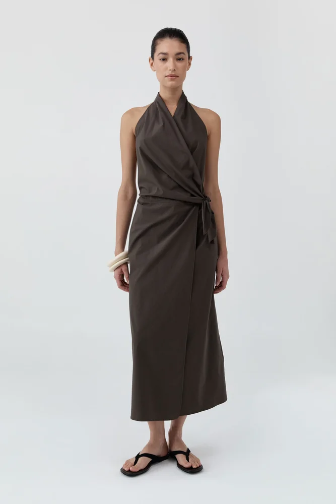 Halter Wrap Backless Dress - Wood