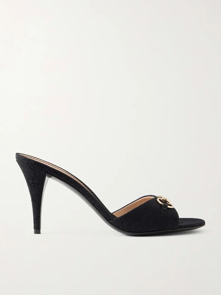 Horsebit-embellished canvas-jacquard mules