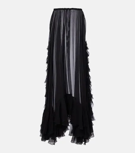 Ruffled sheer silk maxi skirt