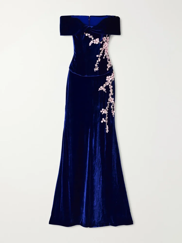 rielle flower applique off shoulder velvet gown