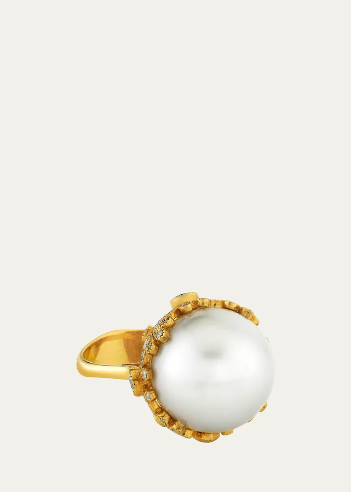 22K Gold Pearl Ring with Diamonds