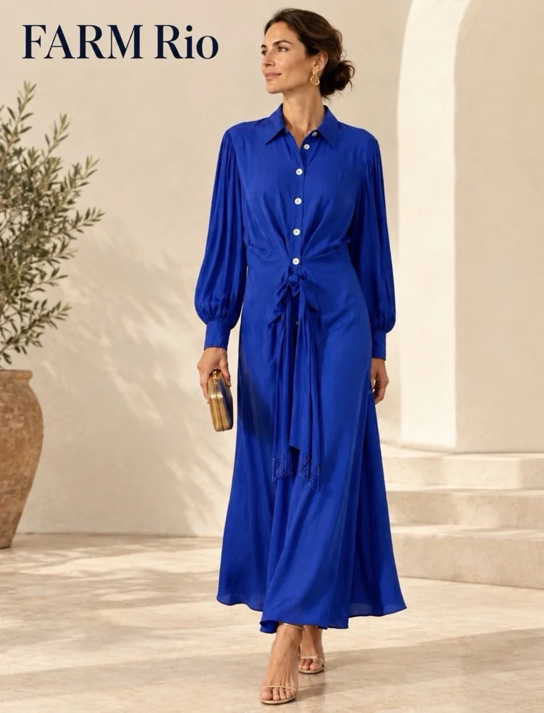 NEW Farm Rio Blue Collared Button-Front Tie Waist Long Sleeve Maxi Dress Size XS
