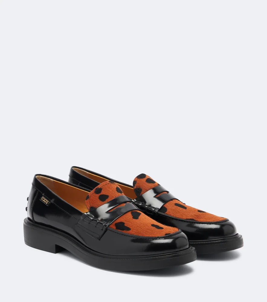 Leather leopard-print penny loafers