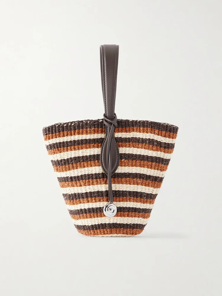 Leather-trimmed striped sisal tote