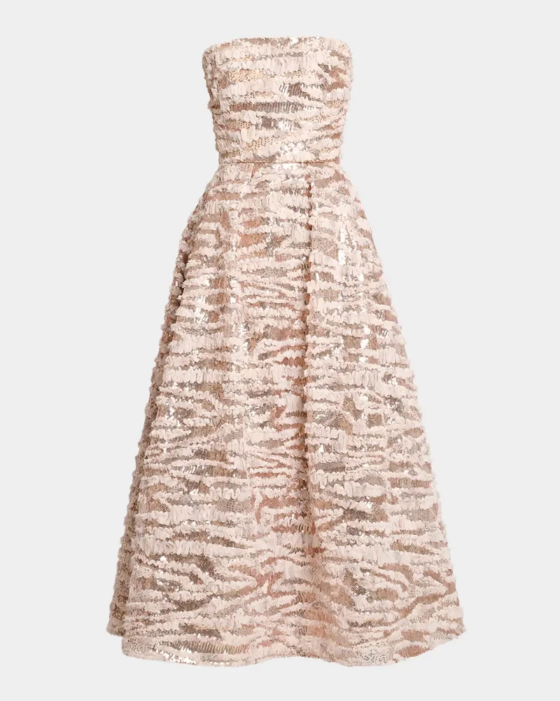 Sequined Chiffon Ruffled Strapless Tea-Length Dress
