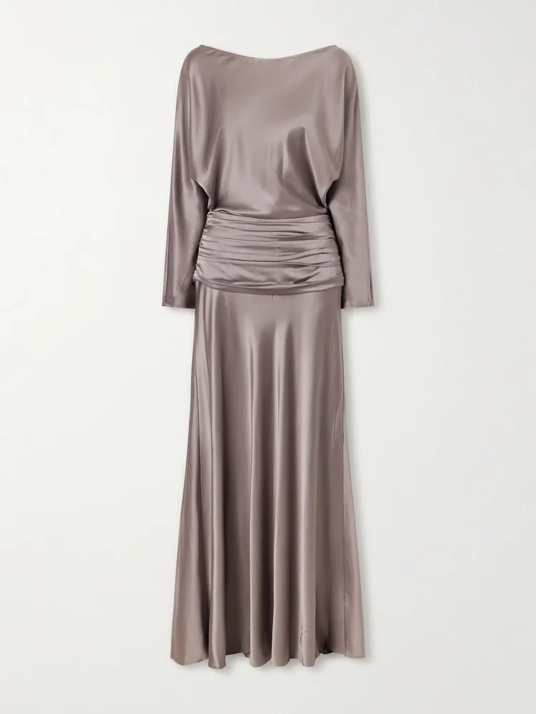 Freda gathered silk-blend satin maxi dress