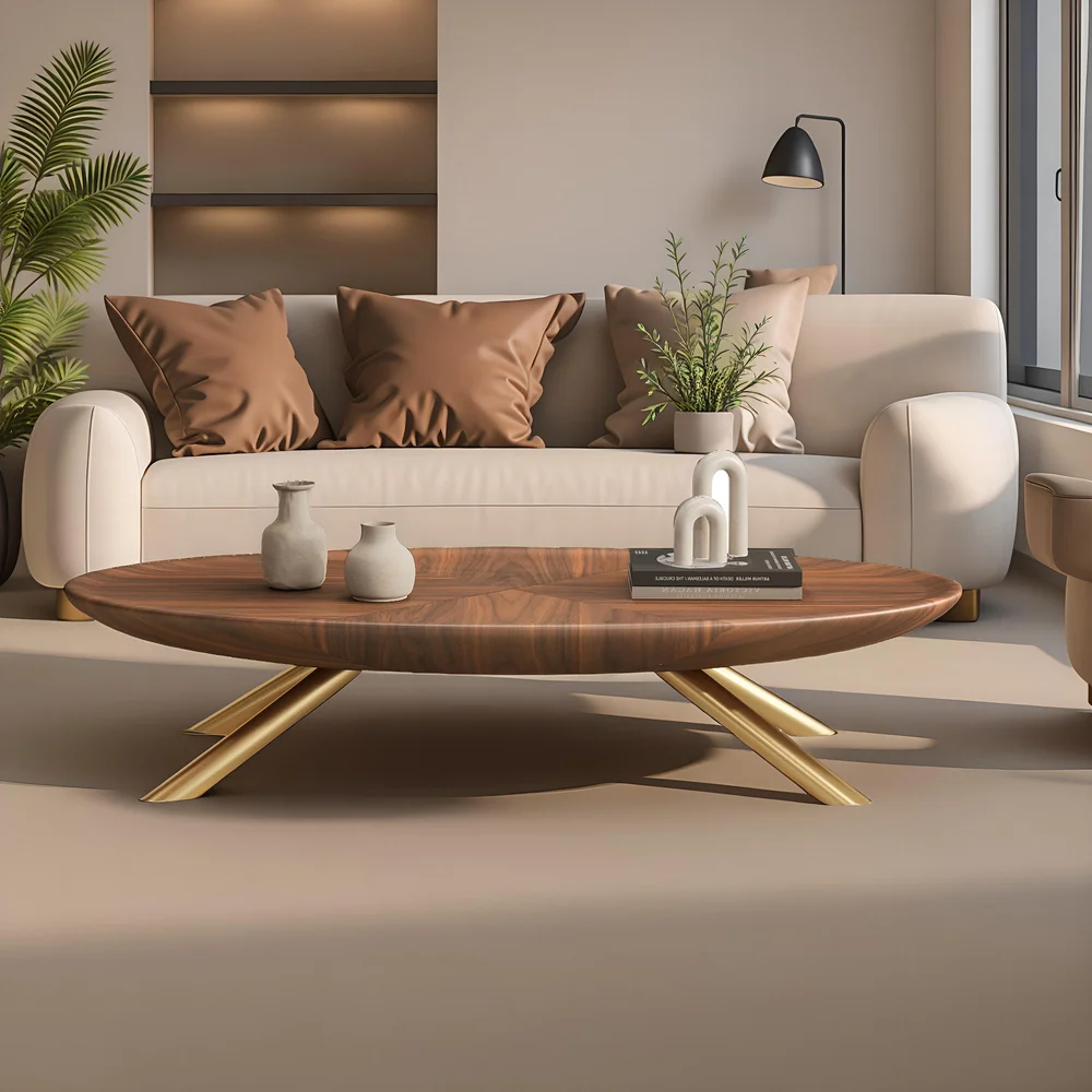 Chebo Retro Oval Coffee Table with Wood Grain Finish and Gold Metal Legs