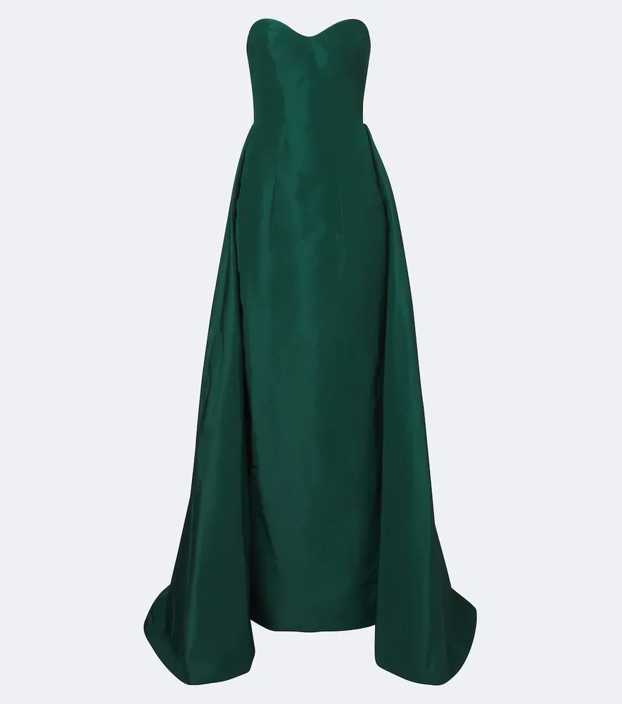Draped strapless silk bustier gown