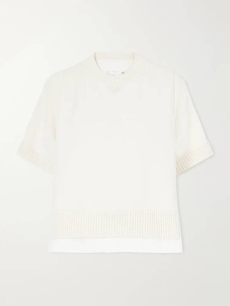 Layered shell-trimmed cotton and cashmere-blend T-shirt