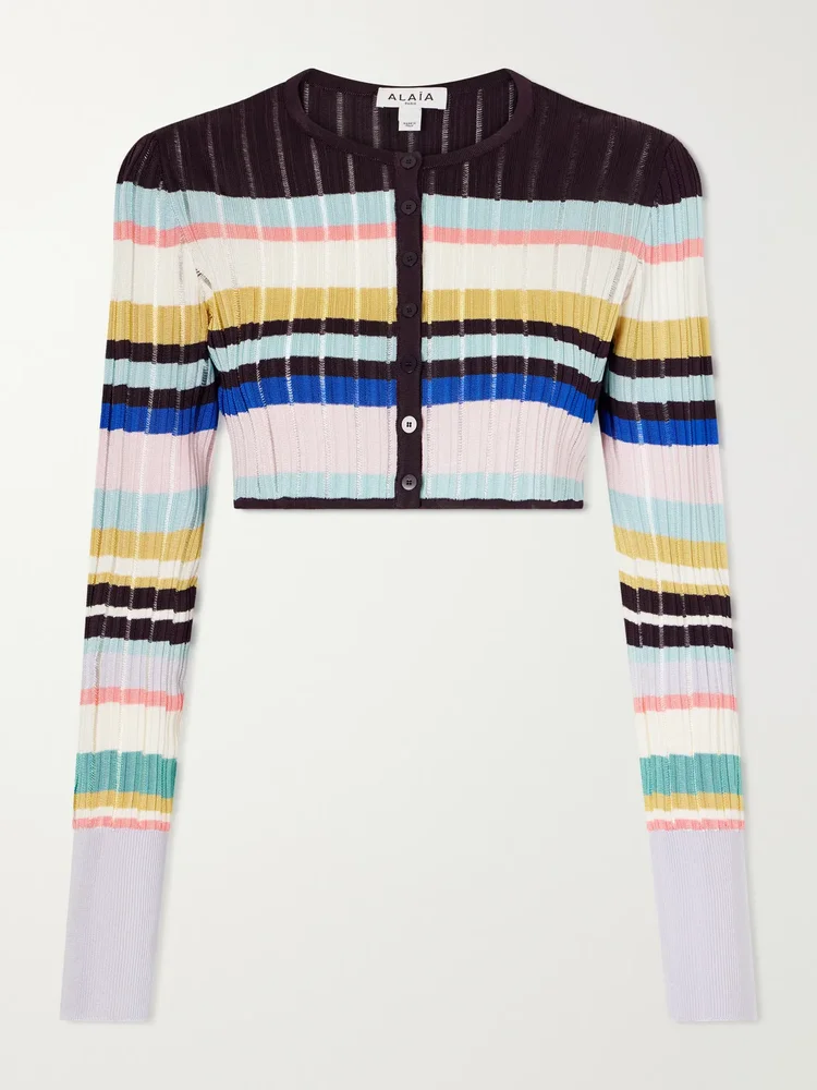 Cropped striped ribbed-knit cardigan