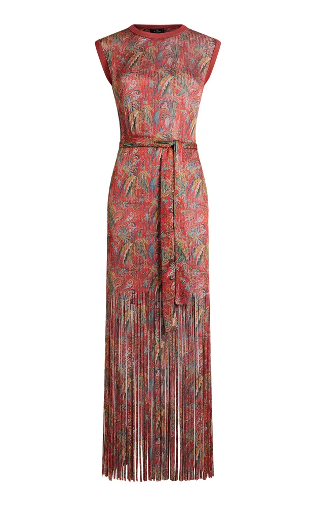 Fringed Paisley Knit Maxi Dress