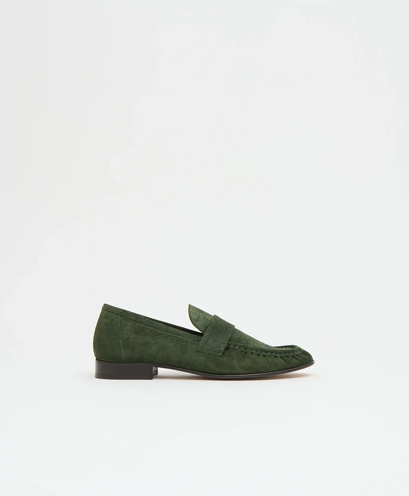 Ruched Loafer - Moss Croc Suede