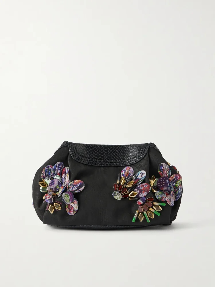 Bead-embellished snake-effect leather-trimmed clutch