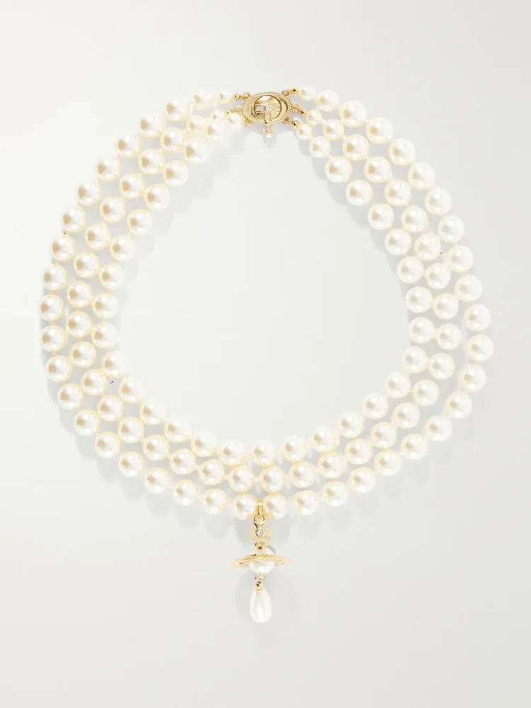 Three Row Pearl Drop gold-tone and pearls necklace