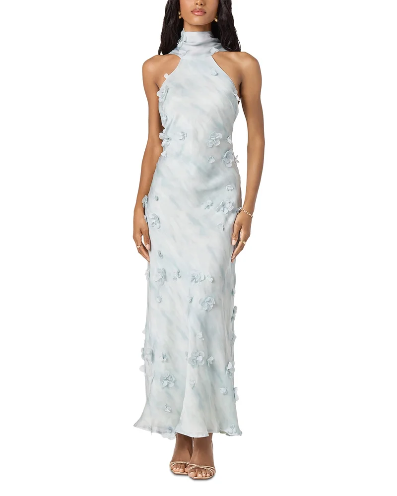 Green Dress - 3D Floral Applique Sleeveless Halter Dress