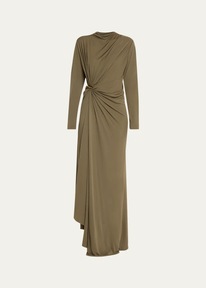 Long-Sleeve Draped Matte Crepe Maxi Dress
