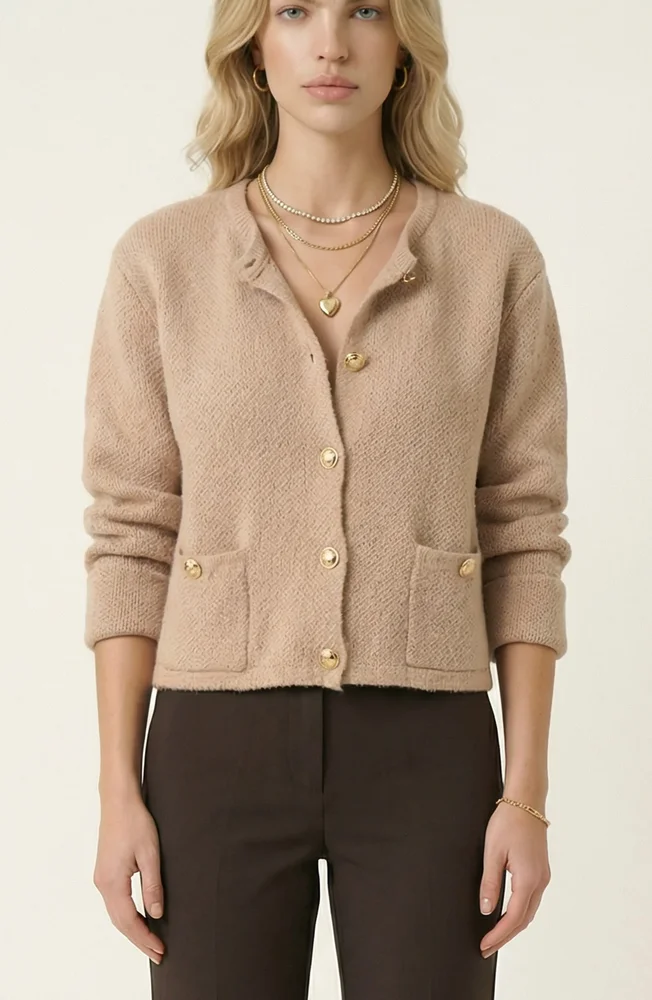 Textured Knit Gold Button-Front Patch-Pocket Cardigan