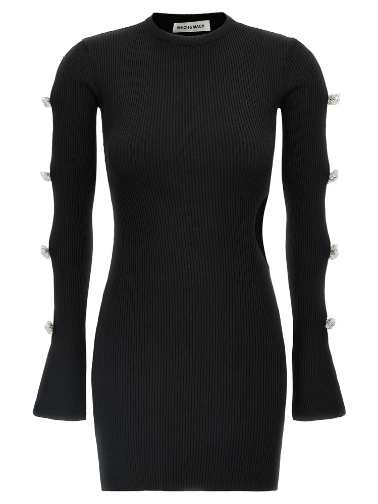 Rhinestone-Bow Ribbed Viscose Bodysuit, Black
