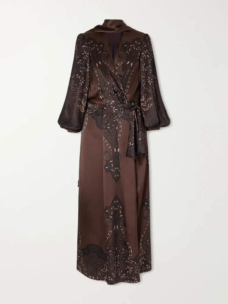 Scarf-detailed belted printed silk-satin maxi dress