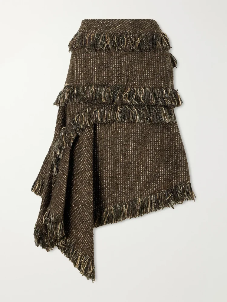 Fringed wool-blend tweed midi skirt