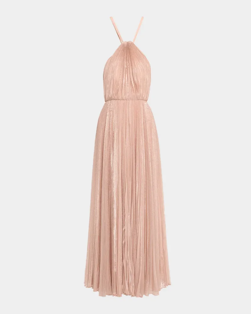 Marisol Pleated Shimmer Halter Gown