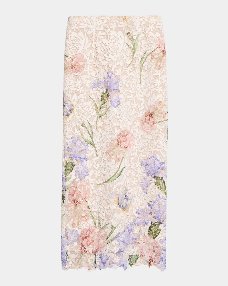 Iris Degrade Print Guipure Lace Midi Skirt