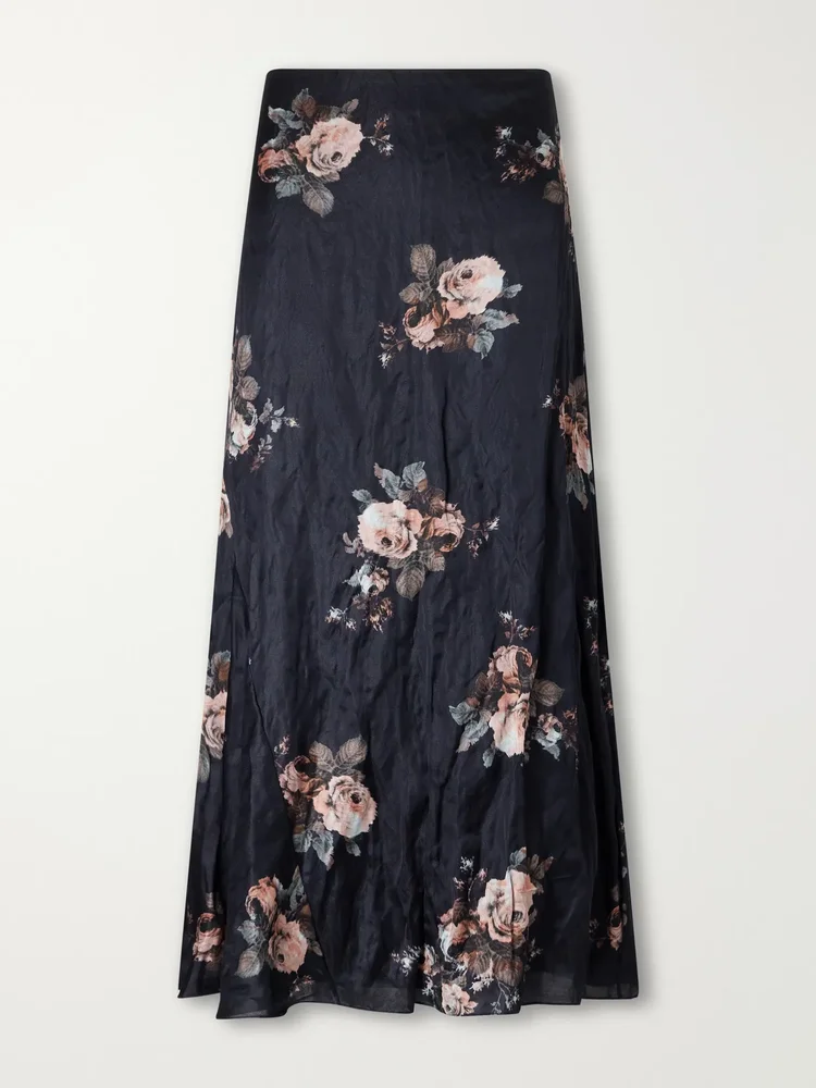 Floral-print crinkled satin midi skirt