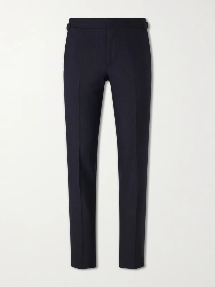 Straight-Leg Pleated Striped Wool Trousers
