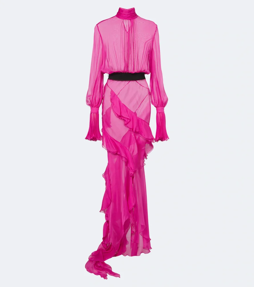 Belted ruffled sheer silk gown