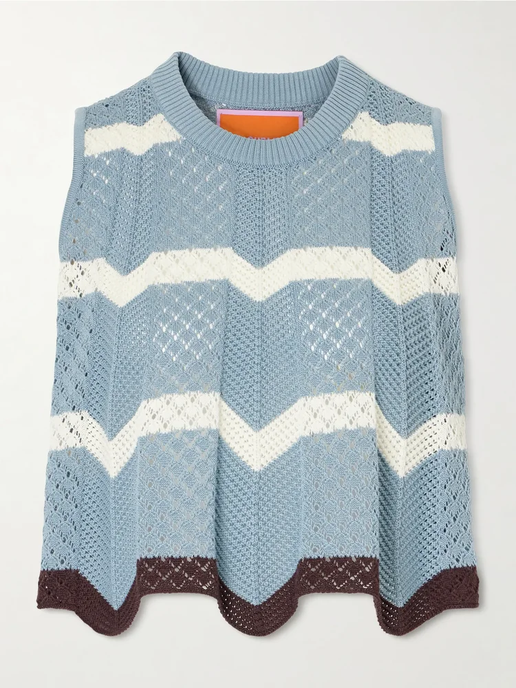 Scalloped striped pointelle-knit cotton tank
