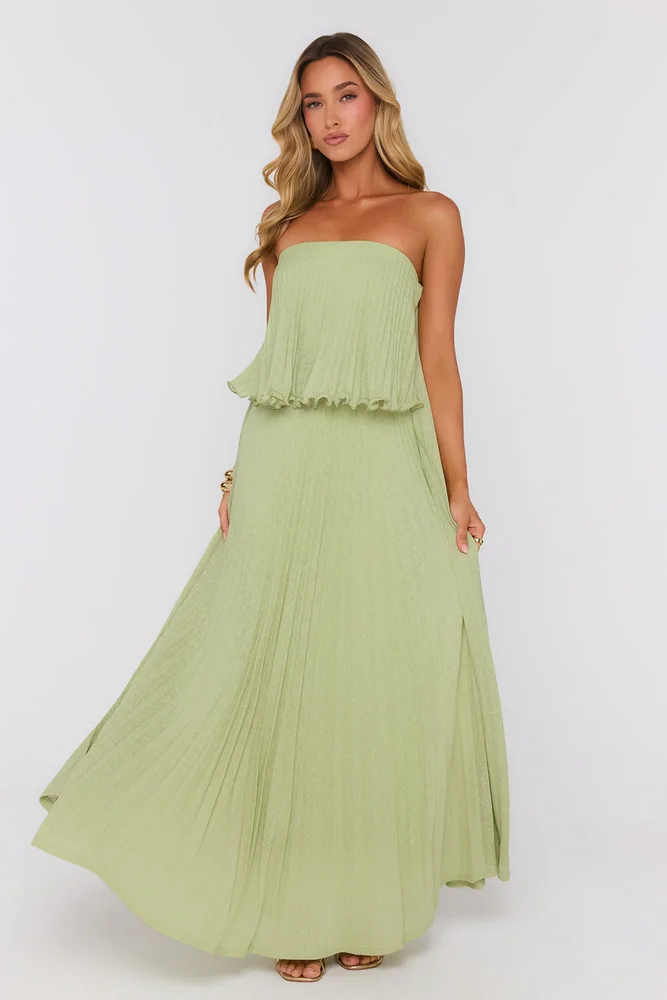 Beach Theory Strapless Pleated Maxi Dress Sage