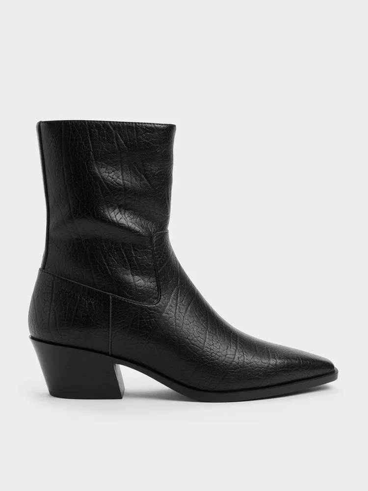 Crinkle-Effect Tapered Ankle Boots, Black
