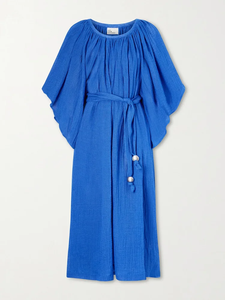 Embellished belted crinkled linen-blend gauze midi dress