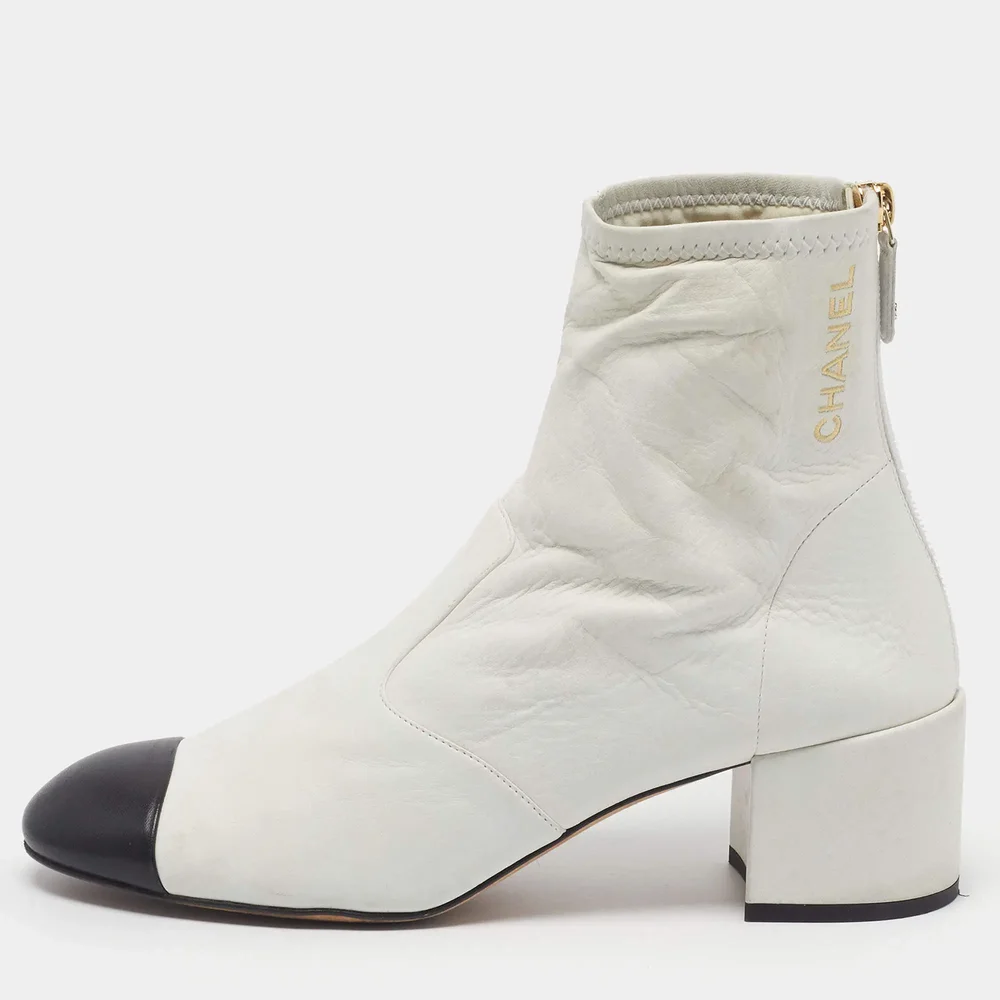 Cap Toe Zip Size 40 Off White/Black Leather Ankle Length Boots