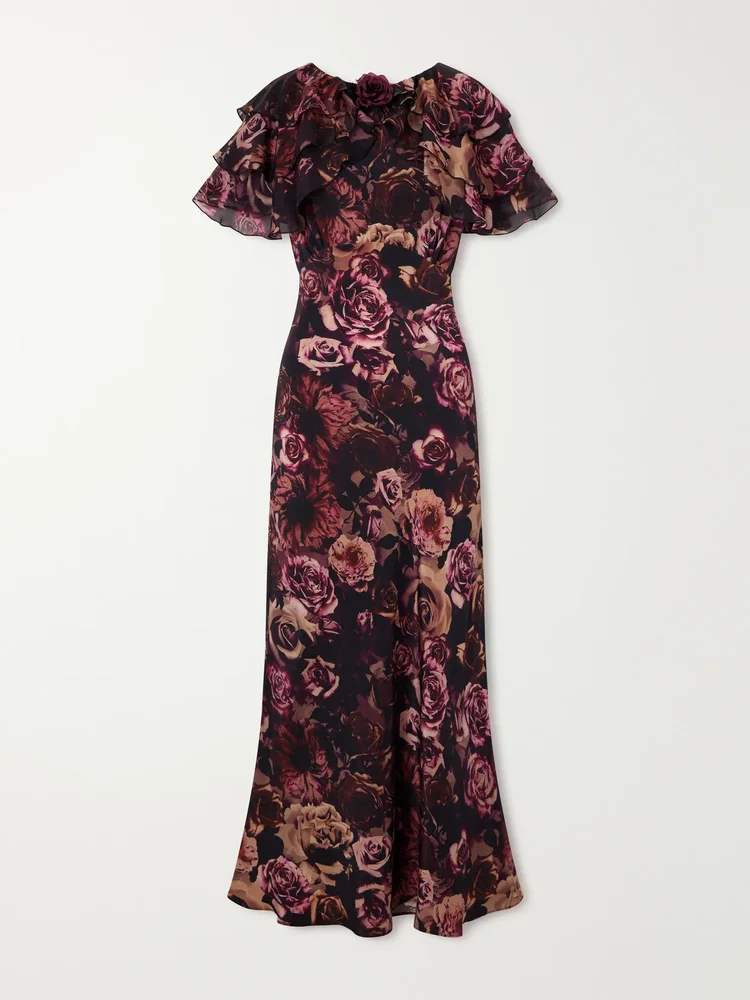 Ruffled cape-effect floral-print silk-chiffon maxi dress