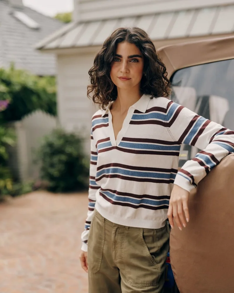 Long Sleeve Placket Pullover - Garnet Stripe