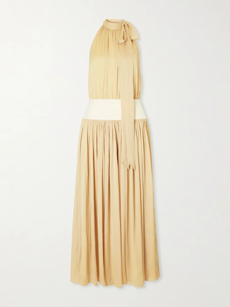 knotted halterneck satin trimmed crepon midi dress