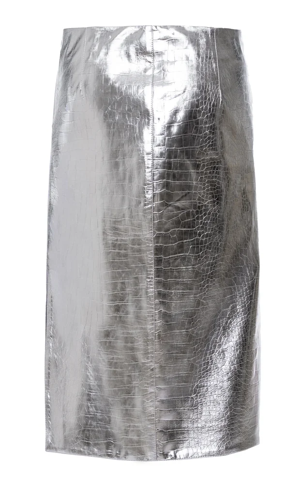 Croc-Embossed Faux Leather Knee-Length Skirt