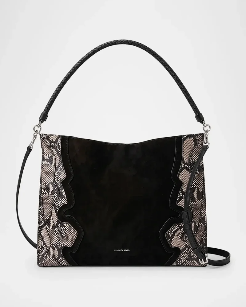 Vida Snakeskin-Embossed Suede Shoulder Bag