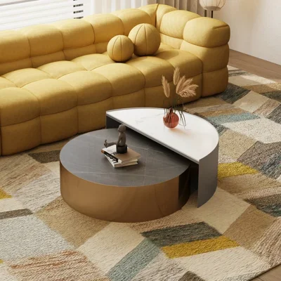 Round Nesting Coffee Table - Modern Minimalist Design with Metal Frame & Sintered Stone Top for Living Room, Small Spaces