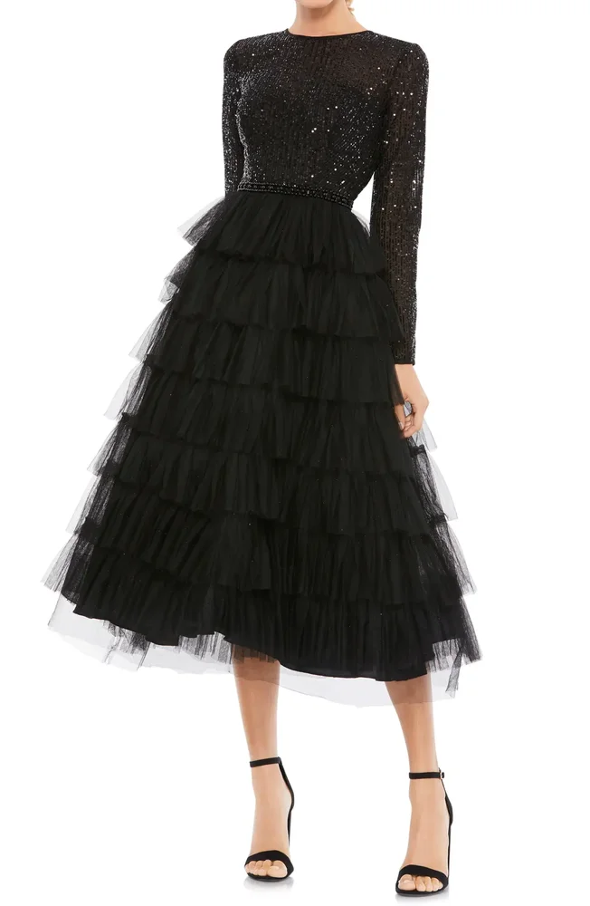 Sequined Layered Tulle A-Line Cocktail Dress