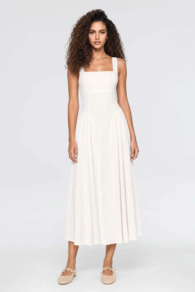 Mel Square Neck Pleated Viscose Midi Dress