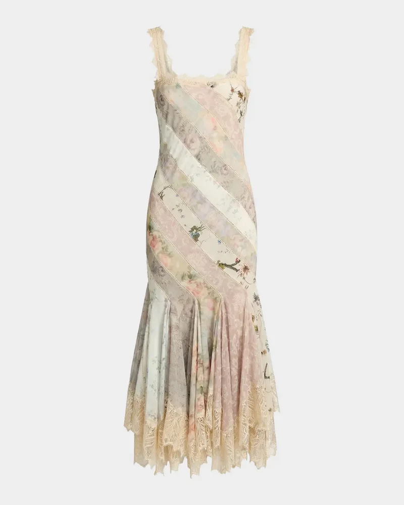 Floral Patchwork Chiffon Handkerchief-Hem Cocktail Dress