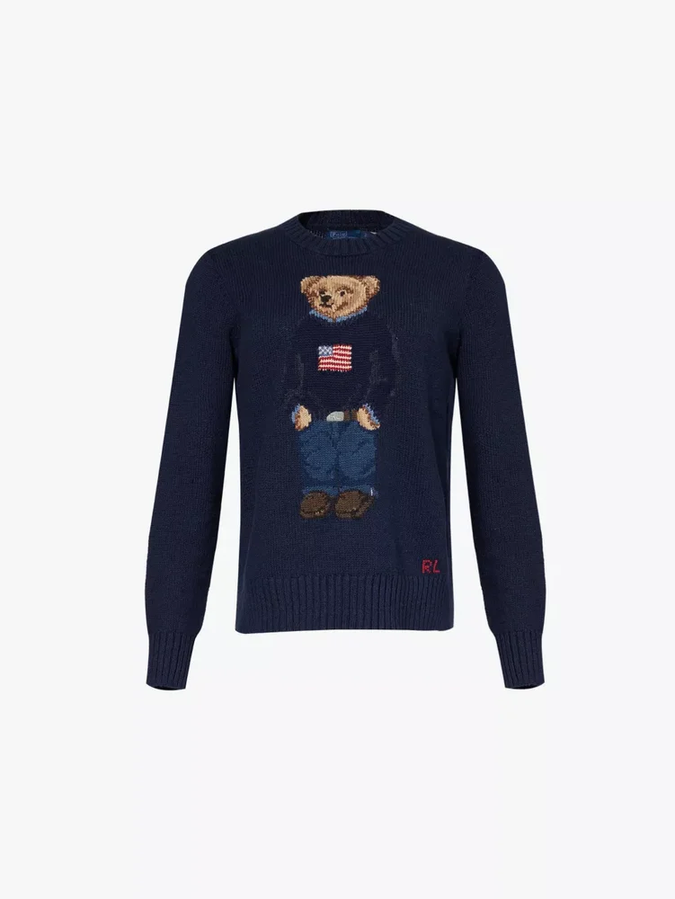 Polo Bear-Intarsia Regular-Fit Cotton and Linen-Blend Jumper