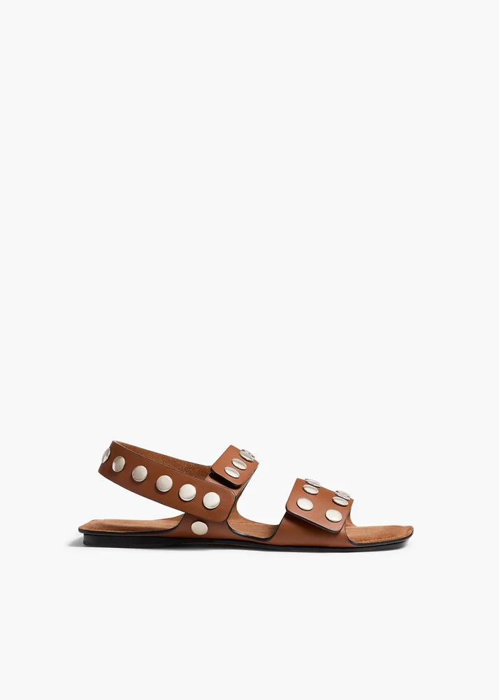 Khaite Boden Sandal in Dark Tan Leather with Silver Studs