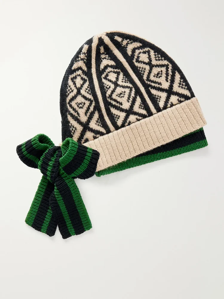 Tie-Detailed Intarsia-Wool Beanie