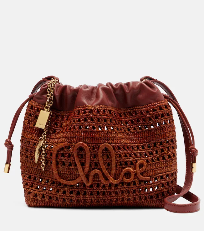 Mini leather-trimmed raffia bucket bag