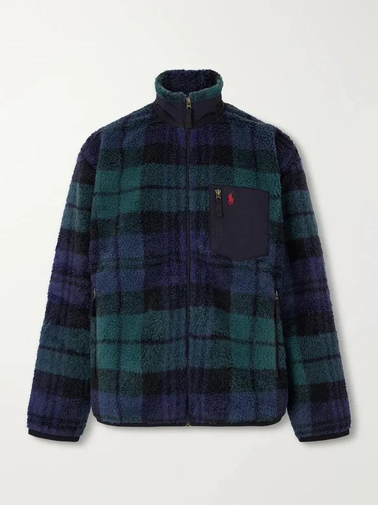 Logo-Embroidered Shell-Trimmed Checked Fleece Jacket