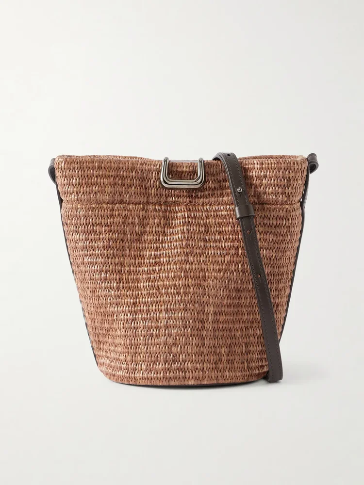 Leather-trimmed raffia bucket bag
