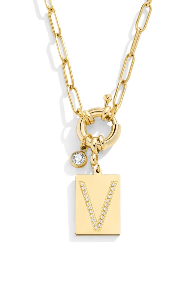 Pavé Initial Pendant with Paperclip Chain Necklace